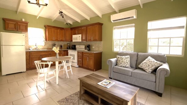 Eine moderne Küche mit Holzausstattung, ein Essbereich mit Tisch und Stühlen, ein graues Sofa mit gemusterten Kissen und ein Fenster, das für natürliches Licht sorgt.