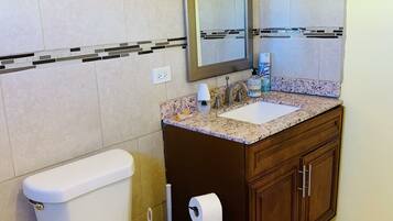 Une salle de bain équipée de toilettes, d’un lavabo, d’un miroir et d’un meuble de rangement.