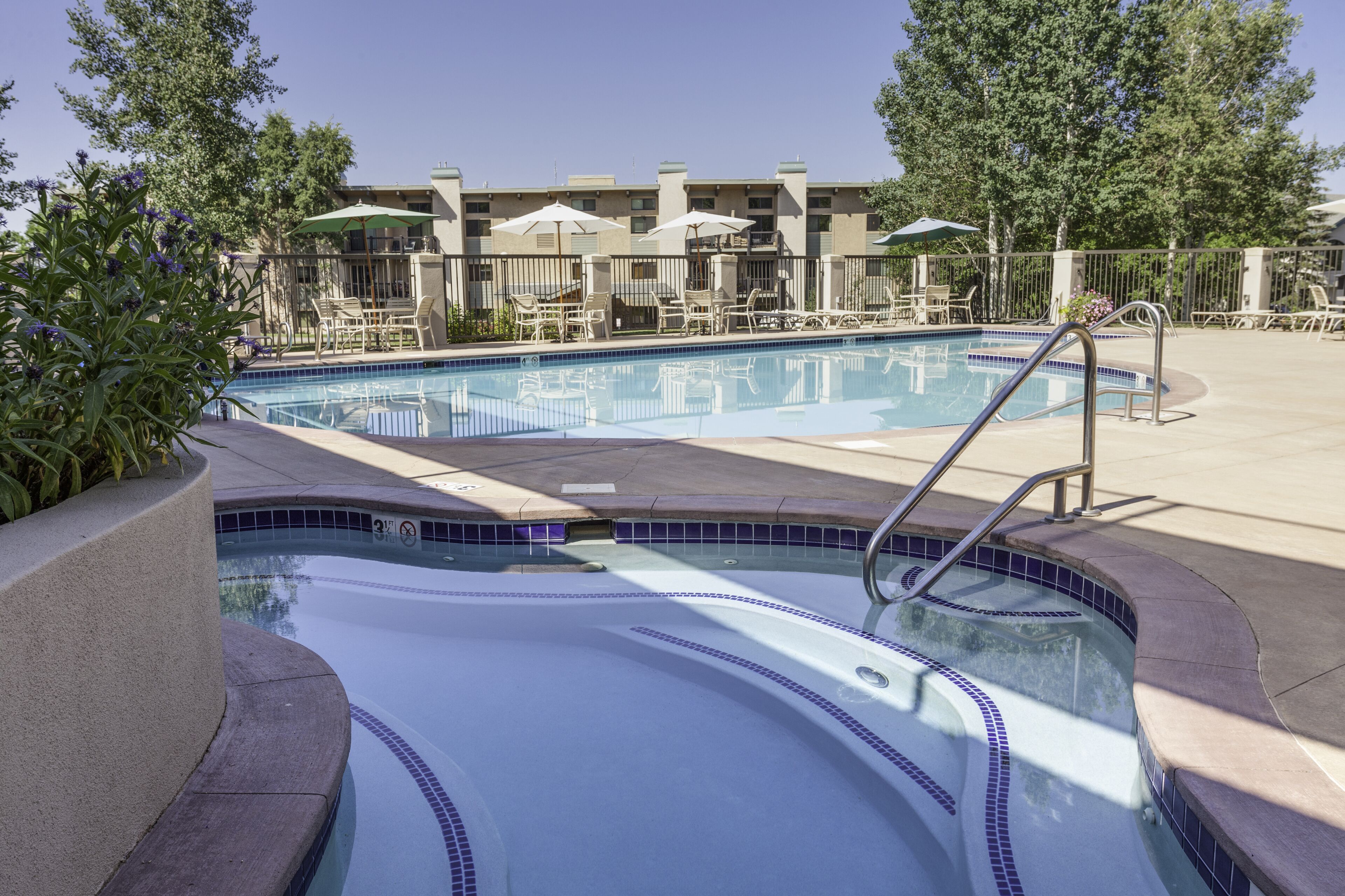 A swimming pool with a tiled edge, surrounded by lounge chairs and umbrellas, and a building with multiple windows in the background.