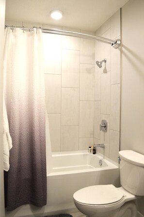 Combined shower/tub, hair dryer, towels, soap