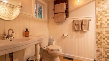 Shower, towels, soap, shampoo