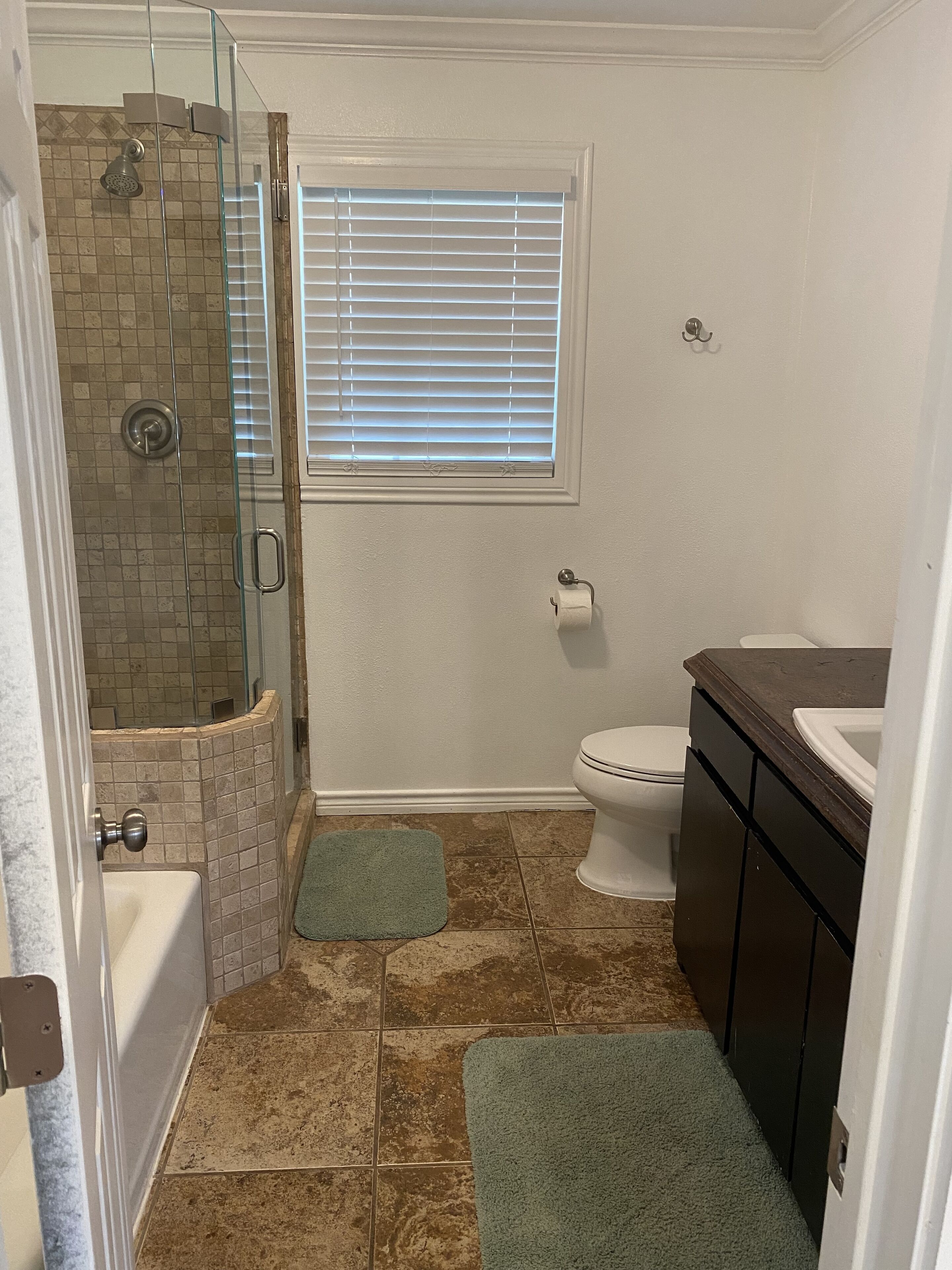 Bathtub, towels, toilet paper