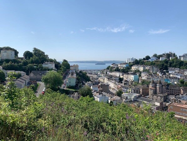 A coastal town with historic buildings, a clear view of the sea, and lush greenery in the foreground.