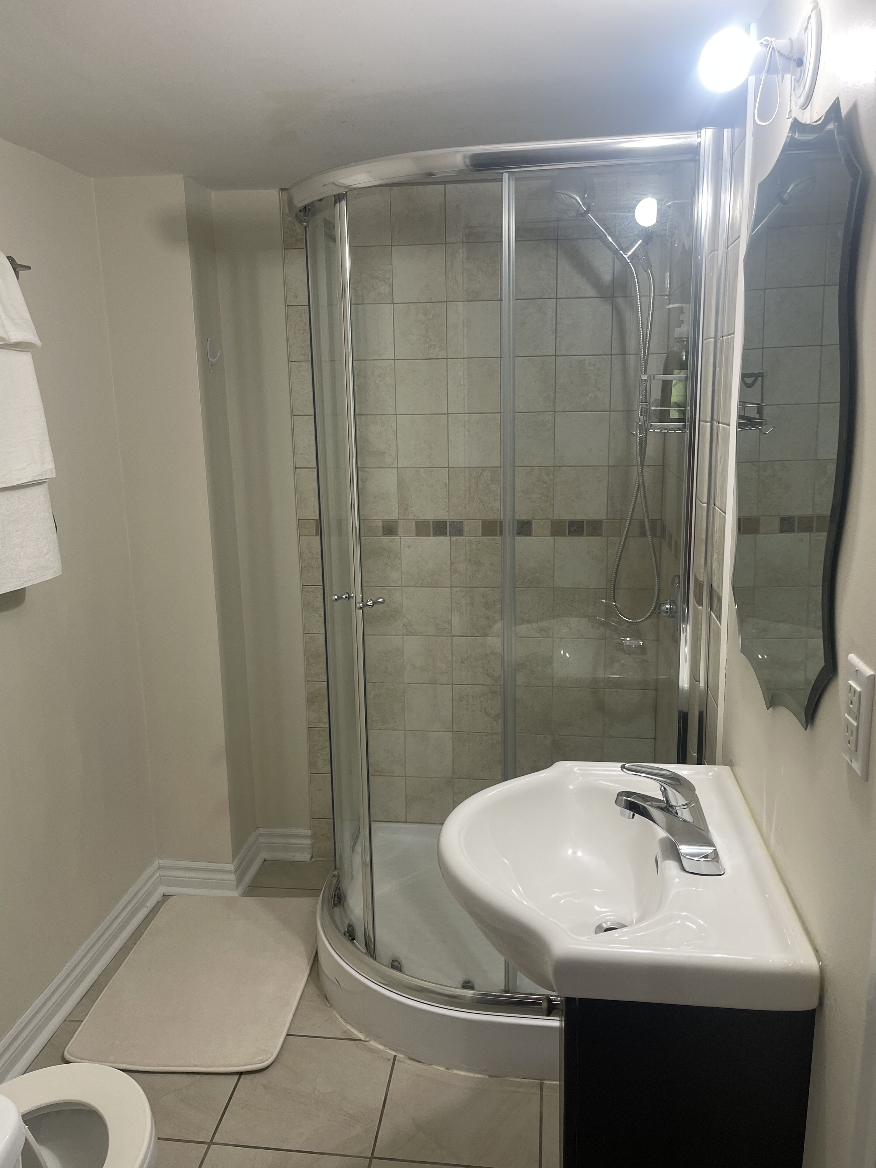 Shower, towels, soap, toilet paper