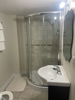 Shower, towels, soap, toilet paper