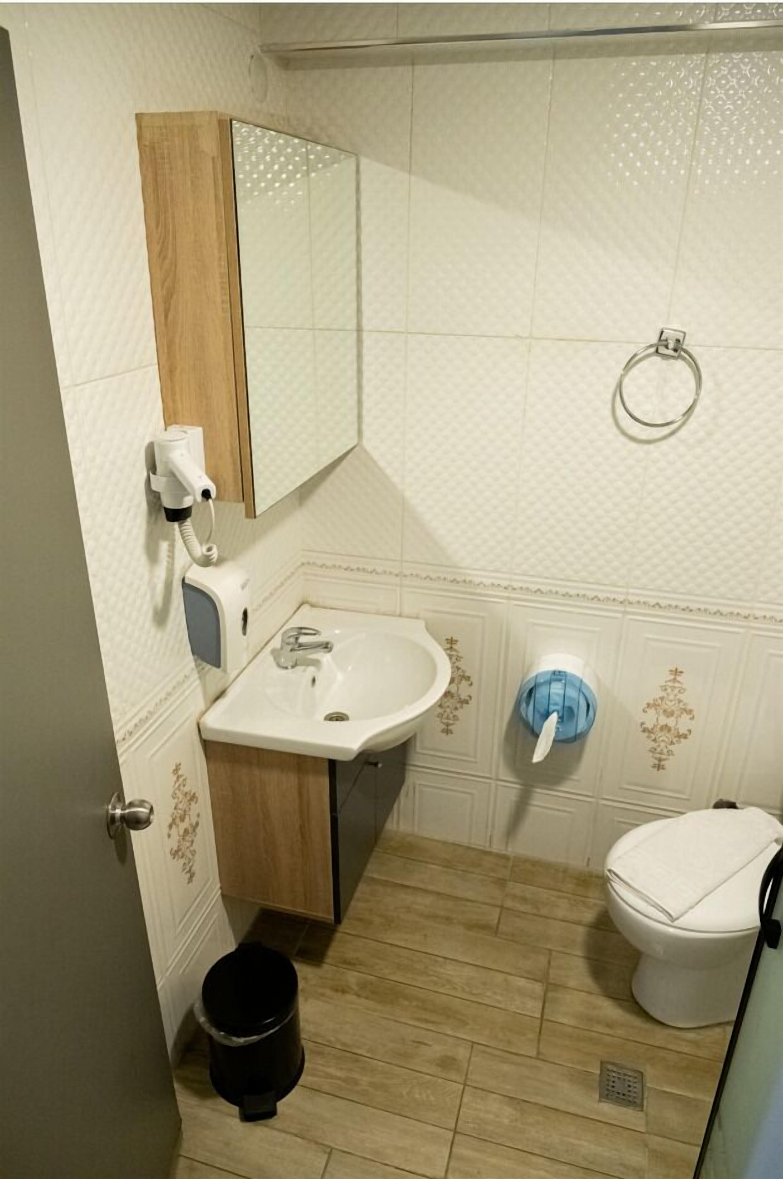 A bathroom with a sink, toilet, and hand dryer.