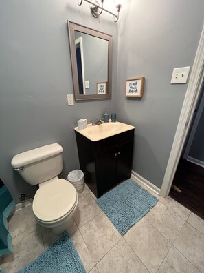 Une salle de bain avec des toilettes, un lavabo, un miroir et des tapis bleus.