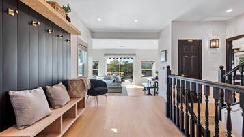 TV, fireplace, foosball, stereo