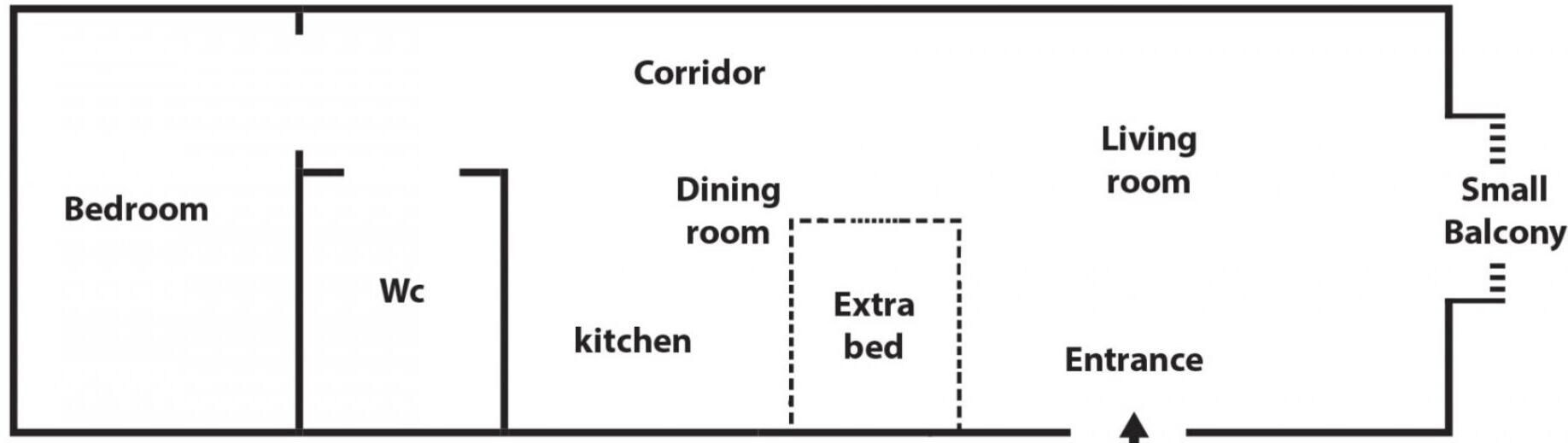 Pianta degli ambienti con camera da letto, bagno, cucina, sala da pranzo, soggiorno e un piccolo balcone.