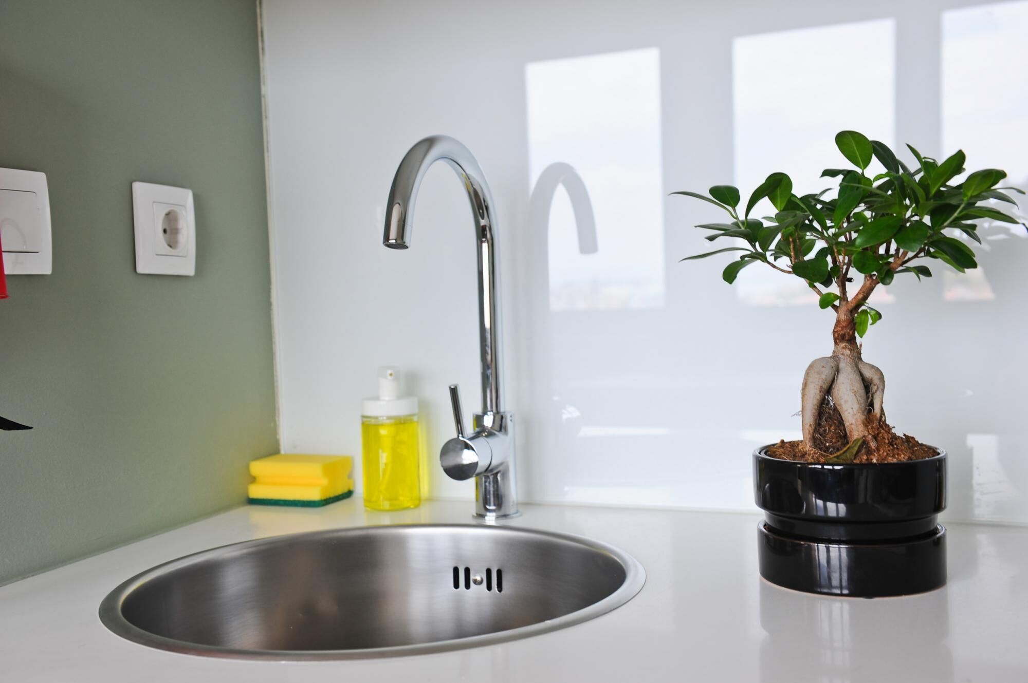 Un lavamanos de cocina con un grifo moderno, una planta en maceta y productos de limpieza en la encimera.