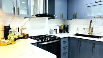 Fridge, microwave, oven, stovetop