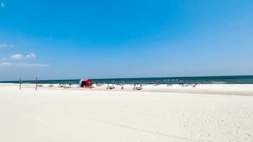 On the beach, sun-loungers