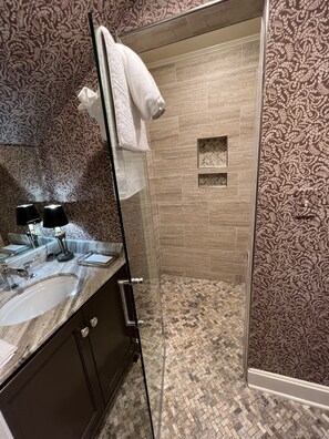 Ensemble baignoire-douche, séchoir à cheveux, serviettes fournies, savon