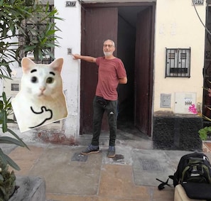 A man standing in front of a building with a door, a window, and a small plant.