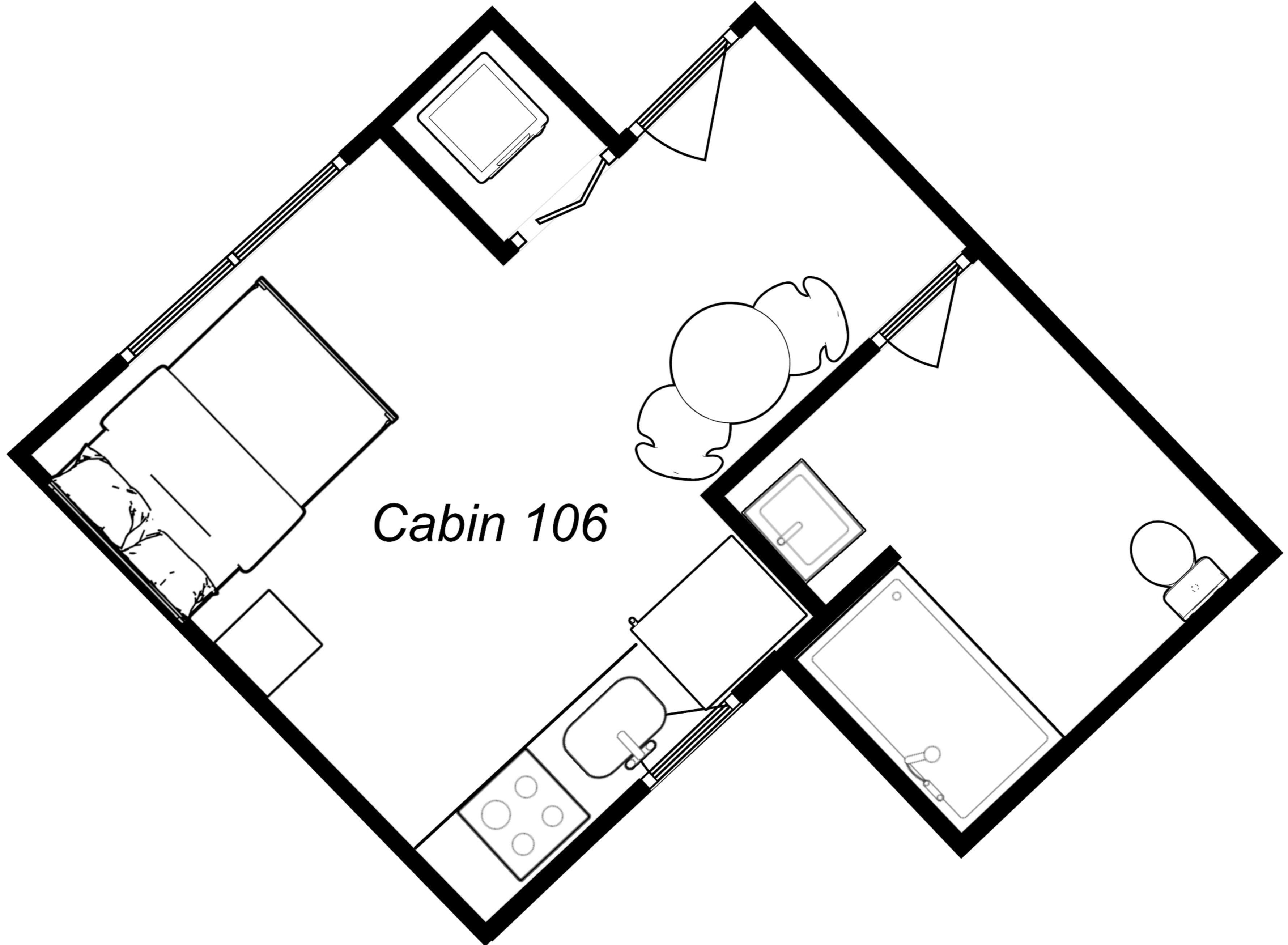 Een plattegrond van chalet 106, met een keuken, twee slaapkamers, een badkamer en een klein balkon.