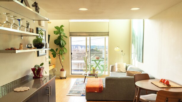 A modern living room with a sofa, a dining table, and a kitchen area with shelves and potted plants.