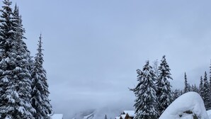 Eine schneebedeckte Lodge mit einem Schild, auf dem 'Altitude' steht.