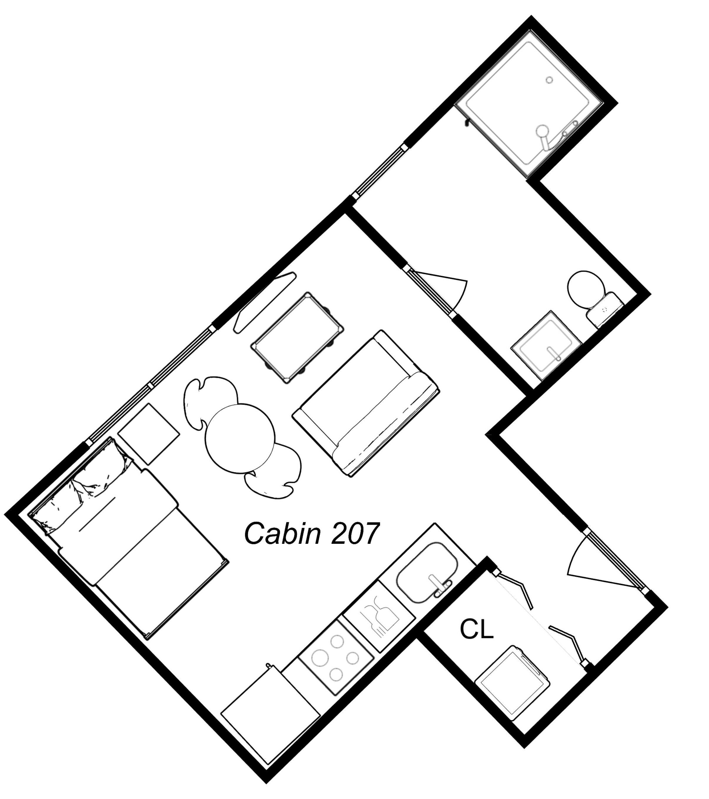 Grundriss der Hütte 207 mit einer Küche, einem Wohnbereich, einem Badezimmer und einem separaten Kleiderschrank mit der Bezeichnung CL.