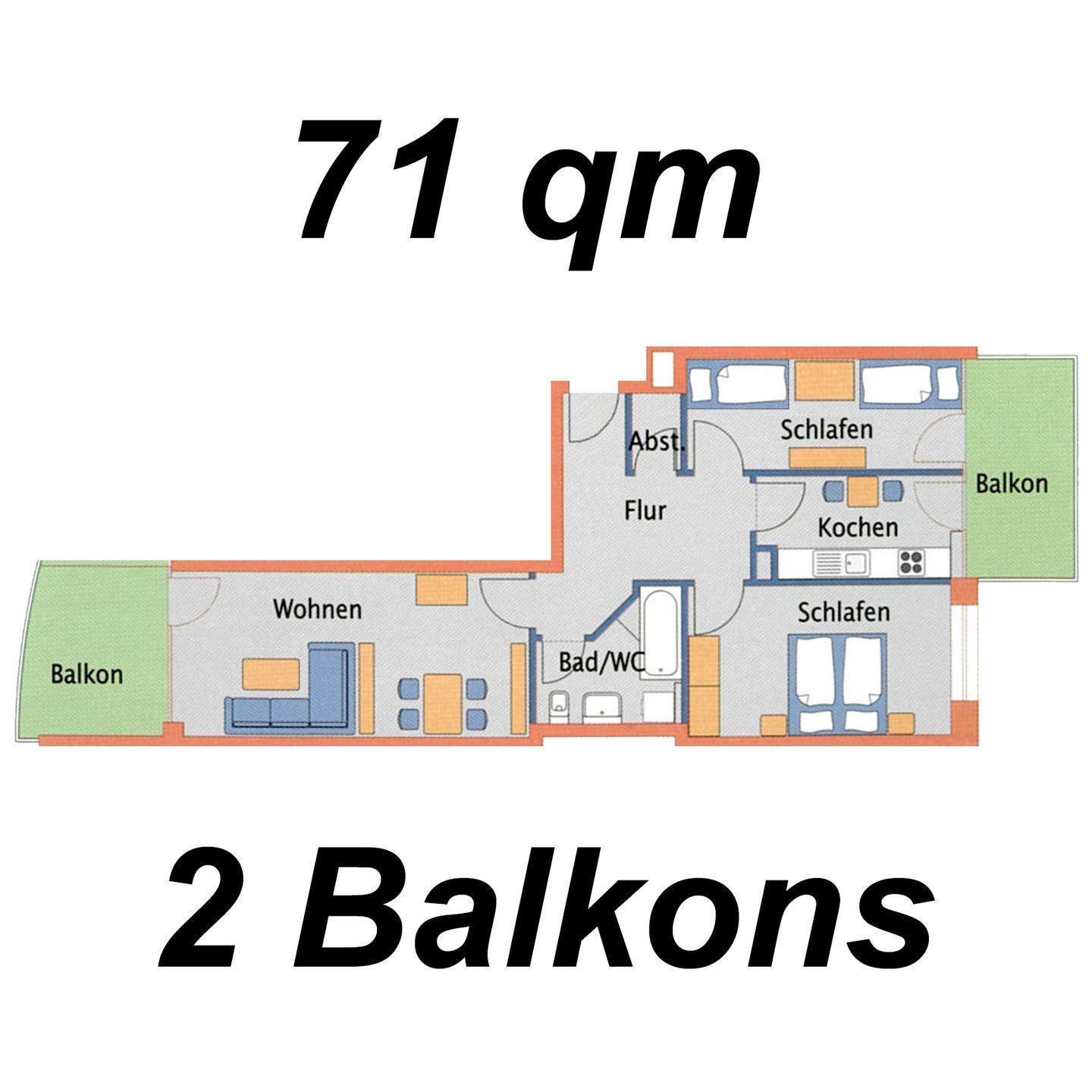 A floor plan of a 2-story building with 2 balconies, labeled 'Abst.', 'Schlafen', 'Flur', 'Bad/WC', and 'Wohnen'.