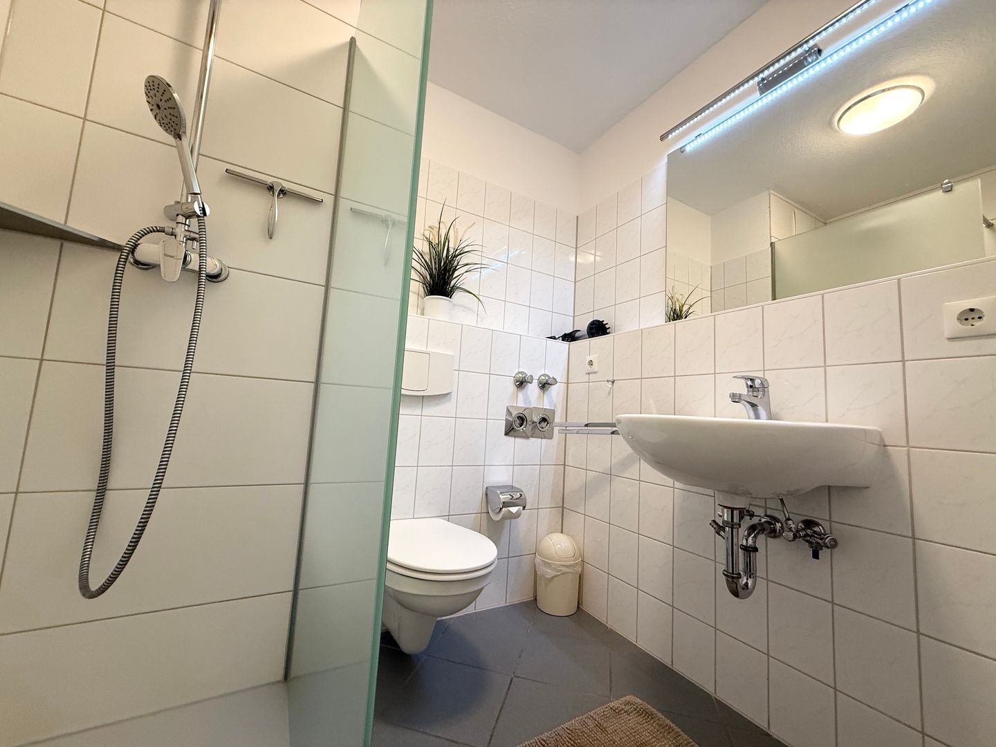 Une salle de bain moderne avec une douche à l’italienne en verre, un lavabo blanc et des toilettes.