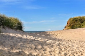 Una playa arenosa con dunas y vegetación escasa.