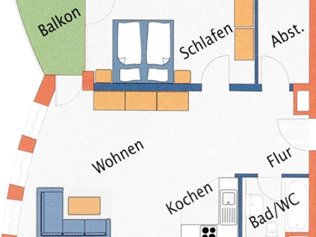 A hotel layout with a balcony, living room, kitchen, bathroom, and a small dining area.