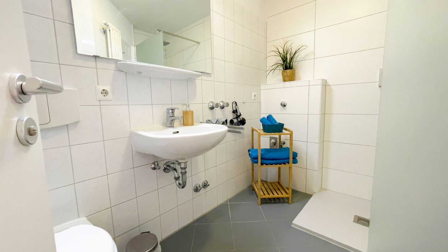 A bathroom with a white sink, mirror, and toilet. There is a shelf with towels and a potted plant.