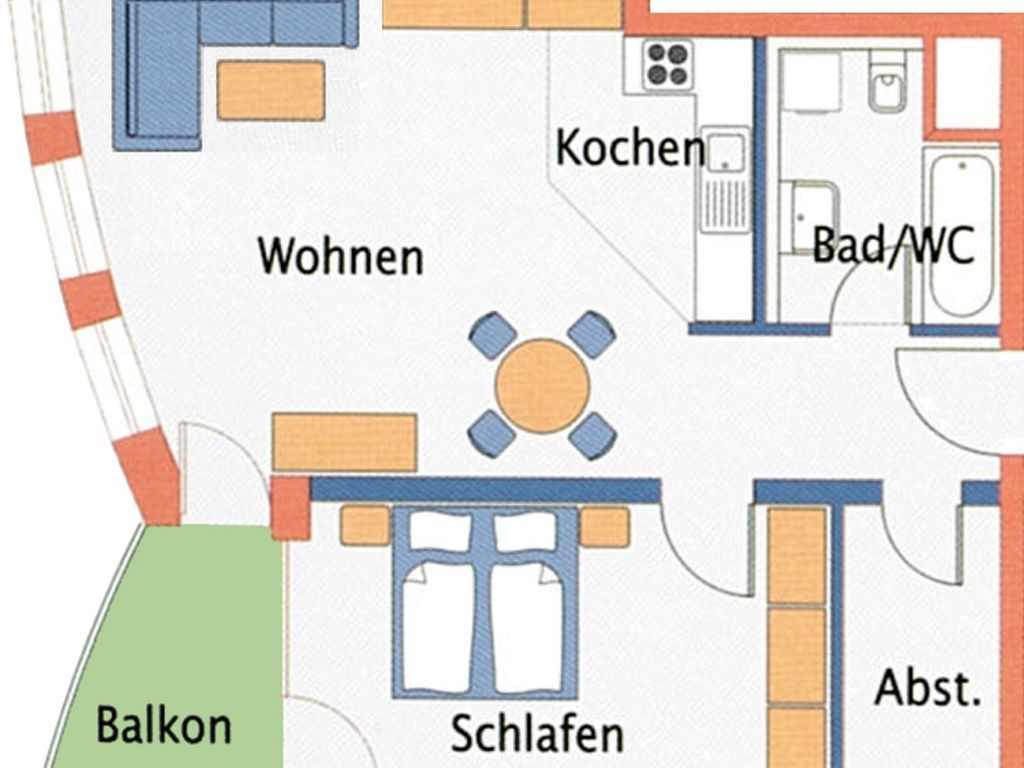 Et hotelværelse med stue, køkken, badeværelse, balkon og spiseområde.