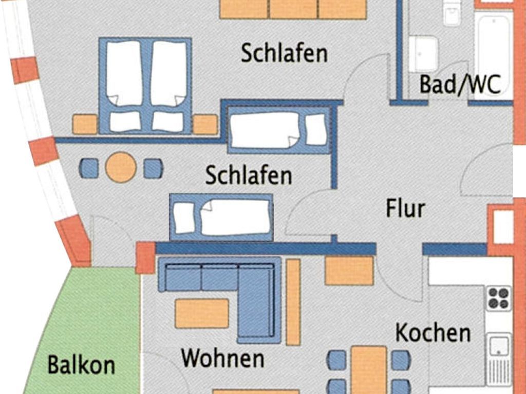 A hotel layout with multiple bedrooms, a balcony, a living room, a kitchen, and a bathroom.