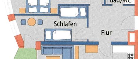 A hotel layout with multiple bedrooms, a balcony, a living room, a kitchen, and a bathroom.