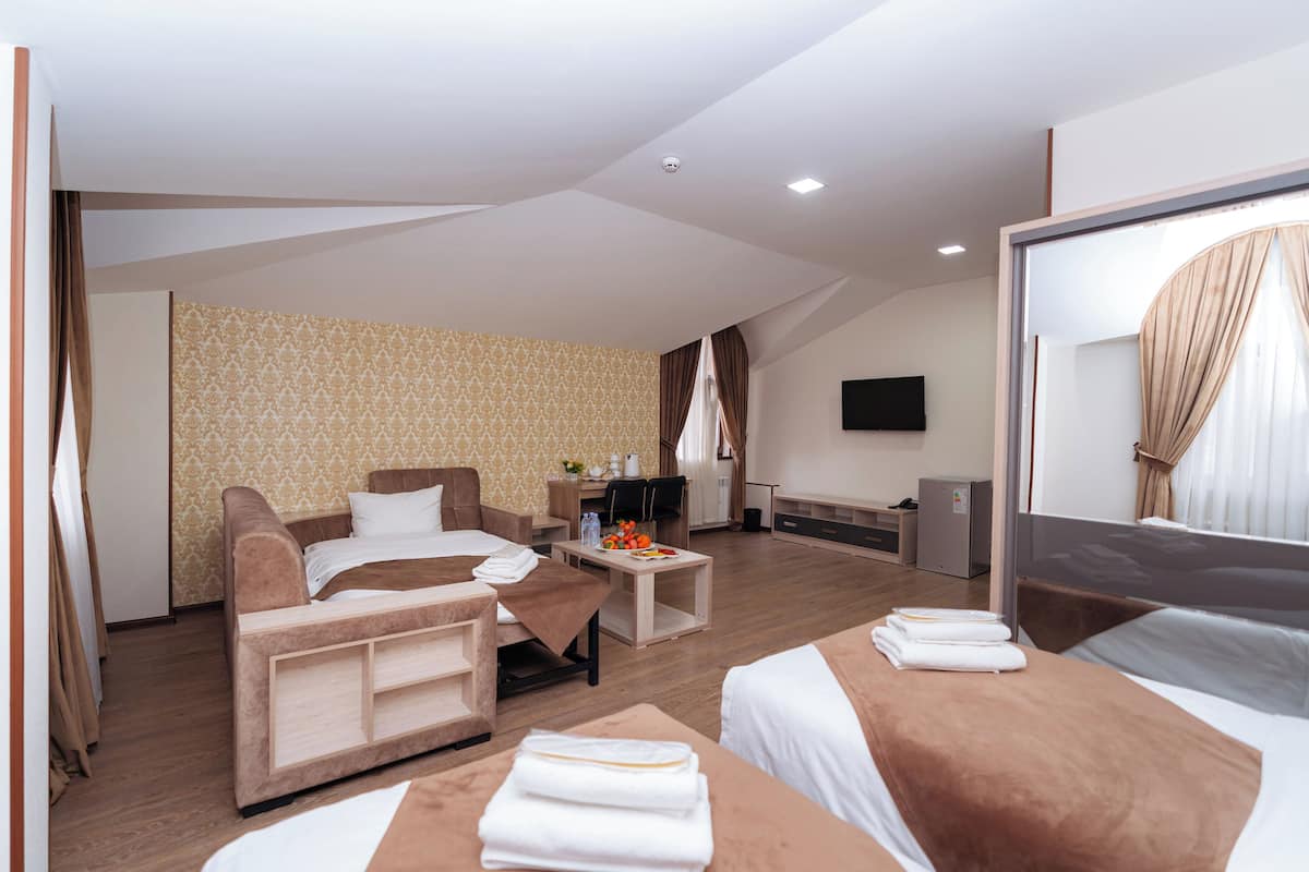 Habitació d'hotel amb llit, sofà, escriptori i televisió.