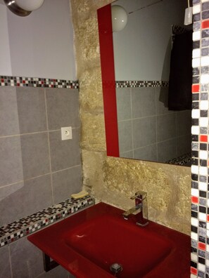 Een douche, een haardroger, handdoeken, toiletpapier