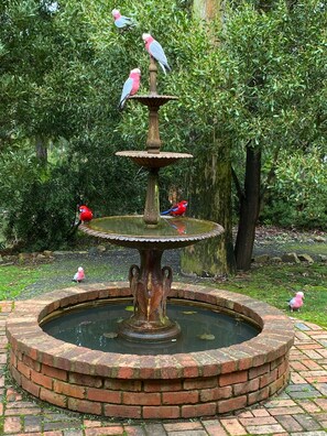 Una fuente escalonada con aves posadas, rodeada de follaje.