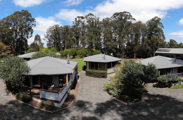 Un área residencial moderna con varias casas, cada una con un estilo arquitectónico diferente, rodeada de abundante vegetación y altos árboles.