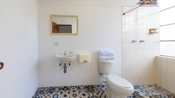 A bathroom with a toilet, sink, and shower.
