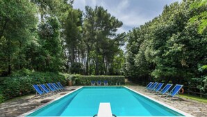 Une piscine rectangulaire bordée d’une terrasse en pierre, entourée d’une végétation luxuriante et d’arbres.