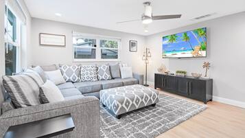 Smart TV, fireplace, books, stereo