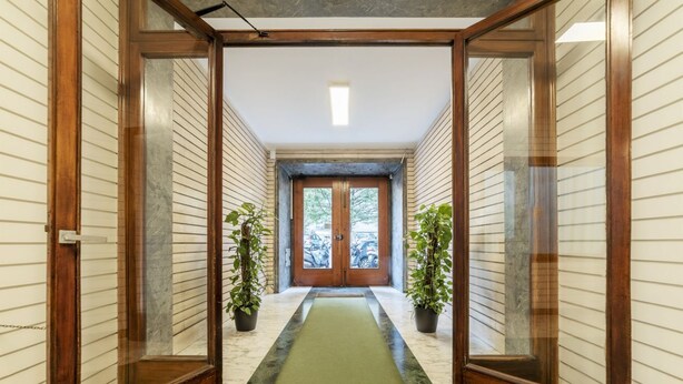 Um corredor com portas de madeira, um tapete verde e plantas em vasos.