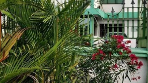 A multi-story building with a green and white color scheme, surrounded by lush greenery and flowering plants. - Animens Hotel Takoradi (Sekondi-Takoradi)