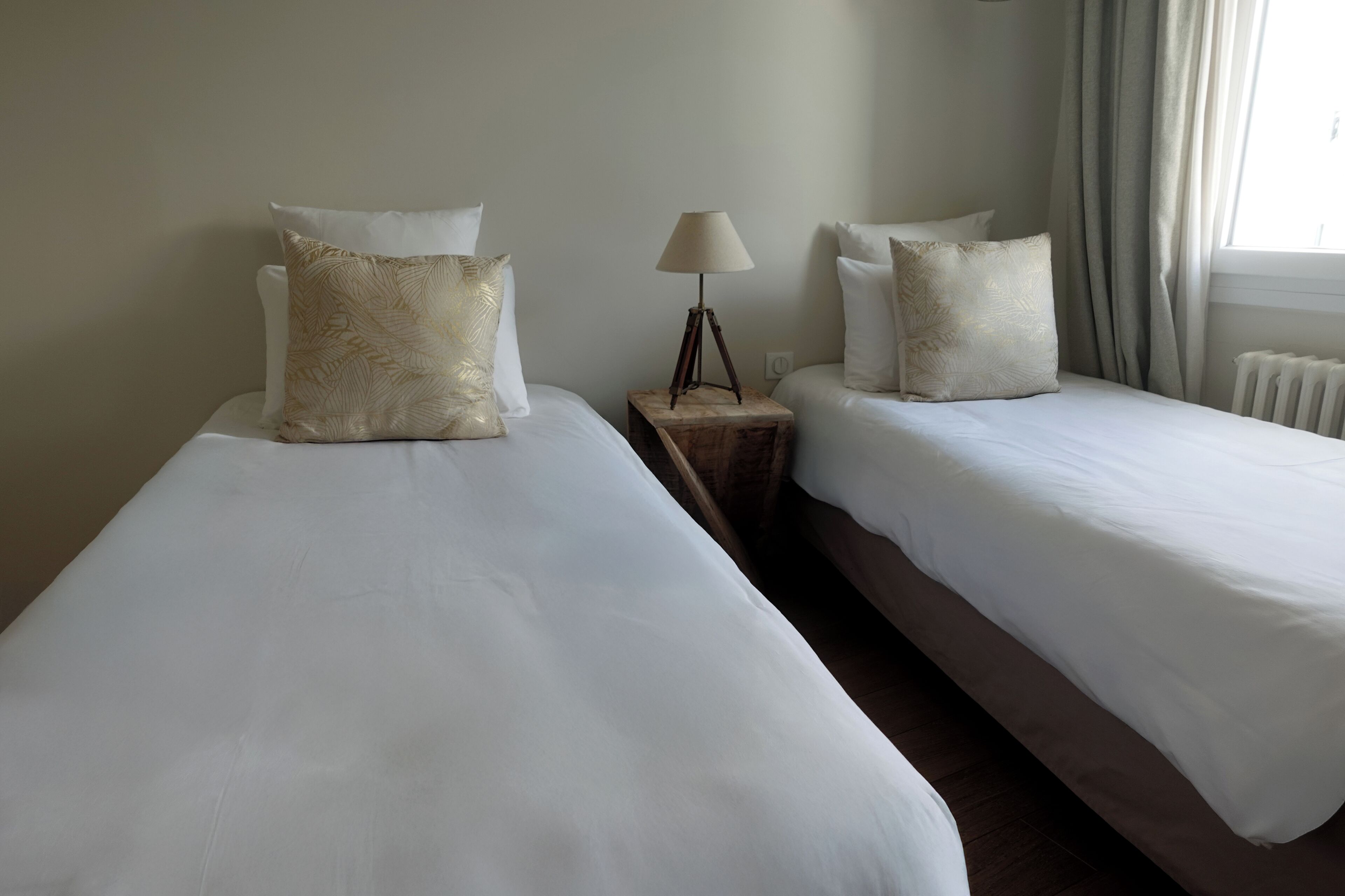 A hotel room with two single beds, each with white bedding and decorative pillows. A small wooden nightstand with a lamp is between the beds.