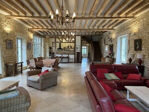 Télévision, baby-foot, table de tennis de table, livres