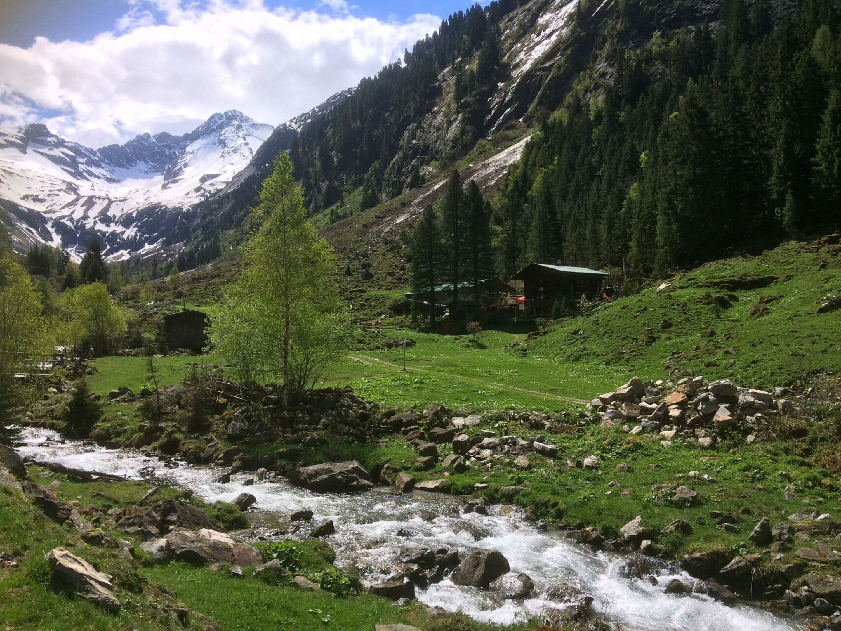 A mountainous landscape with a flowing river, green fields, and a small cabin.
