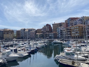 A marina with numerous boats docked, surrounded by colorful buildings.