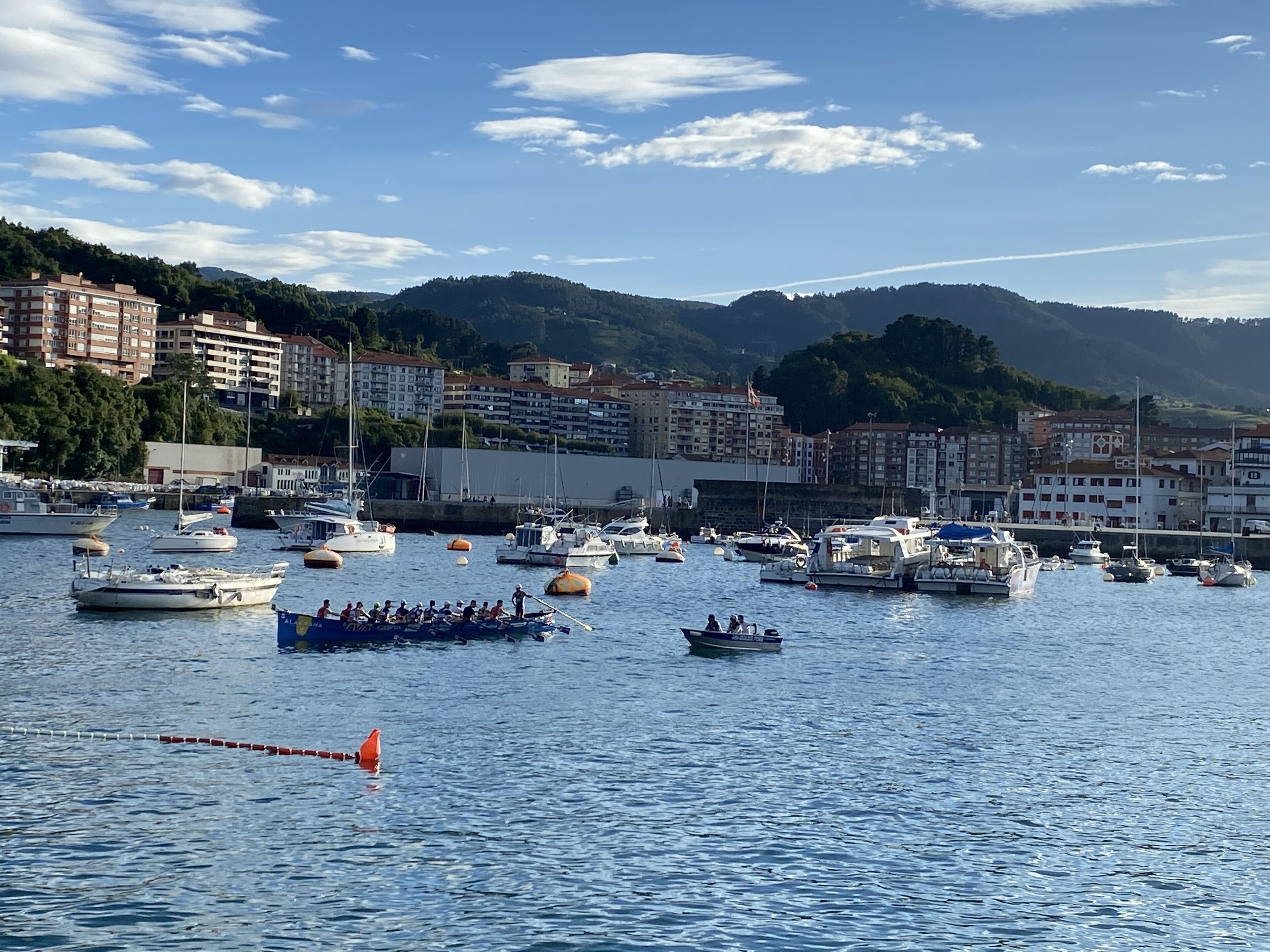 Uma marina com vários barcos atracados, cercada por edifícios e colinas.
