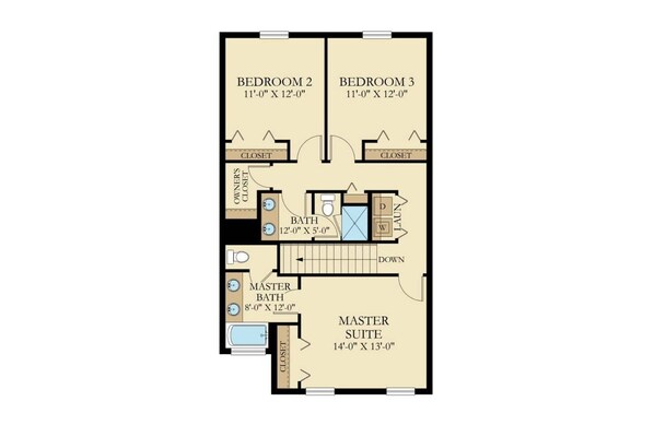 A floor plan of a hotel with two bedrooms, a master suite, a master bathroom, and a standard bathroom.