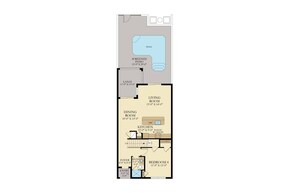 A floor plan of a residential property with a living room, dining room, kitchen, two bedrooms, a bathroom, a lanai, and a screened patio.