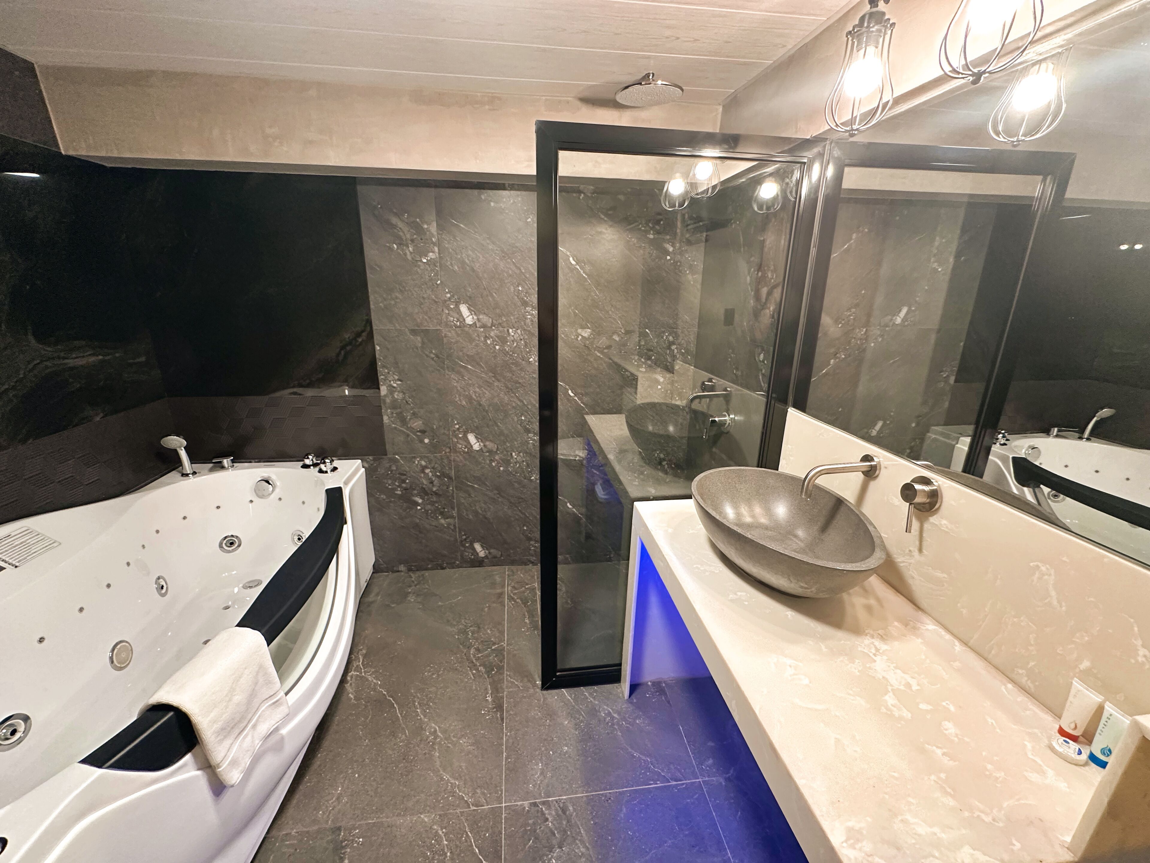 premier studio suite | bathroom | separate bathtub and shower, rainfall showerhead, free toiletries