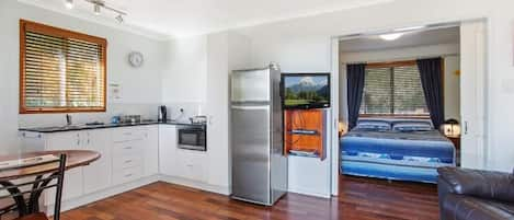 Fridge, microwave, electric kettle, toaster