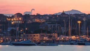 Uma marina com barcos atracados, um horizonte urbano com edifícios ao fundo e uma cordilheira.
