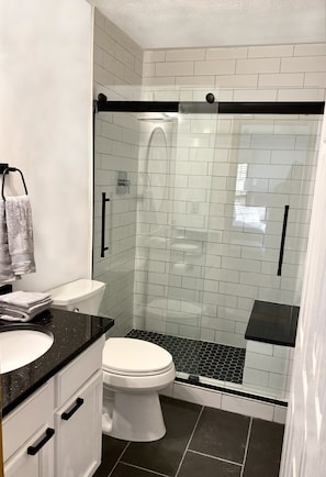 Combined shower/tub, hair dryer, towels, soap